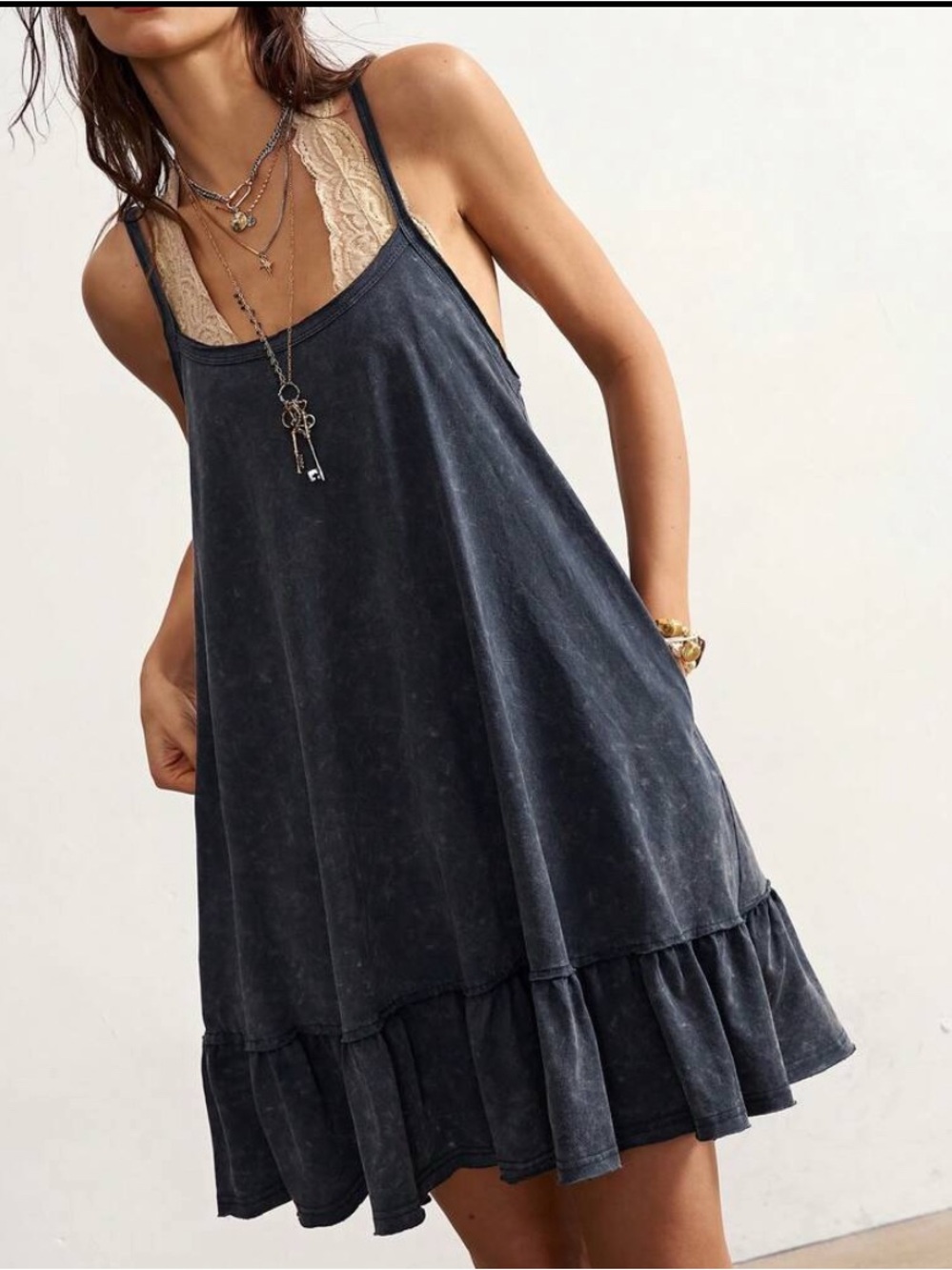 Washed Black Ruffle-Trim Mini Slip Dress